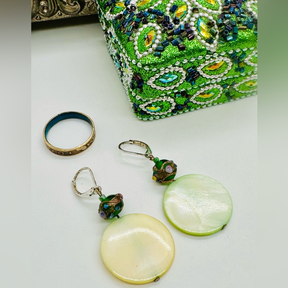 Vintage Green Earrings & Cloisonné Ring